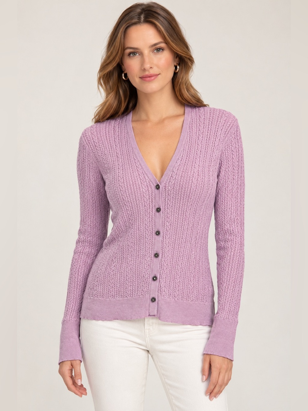 Zara Lilac Cable Knit V-Neck Button Cardigan